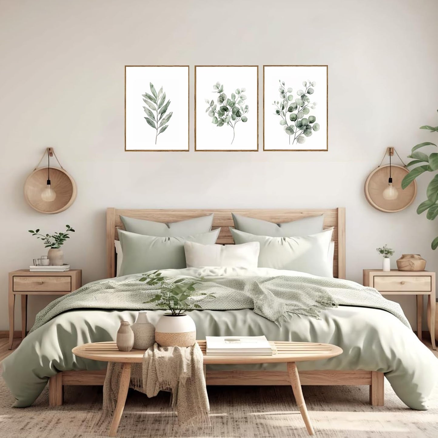 Sage Green Botanical Canvas Wall Art Poster Set of 3, Eucalyptus Leaf Pictures Wall Decor Paintings, Minimalist Plant Prints Aesthetic Home Decor for Living Room Bedroom Bathroom 12x16 inch Unframed