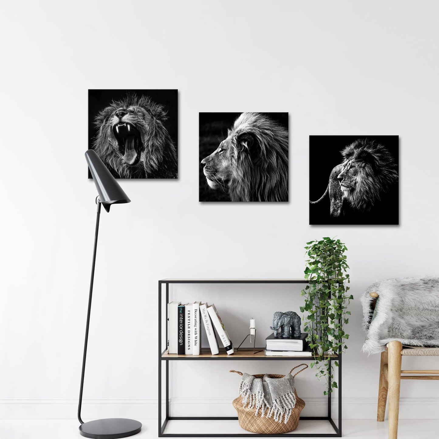 KREATIVE ARTS - 3 Panels Lion King Black and White Canvas Prints Wall Art Modern Painting Wall Pictures for Living Room Office Decoration Ready to Hang (12x12inchx3pcs/set)