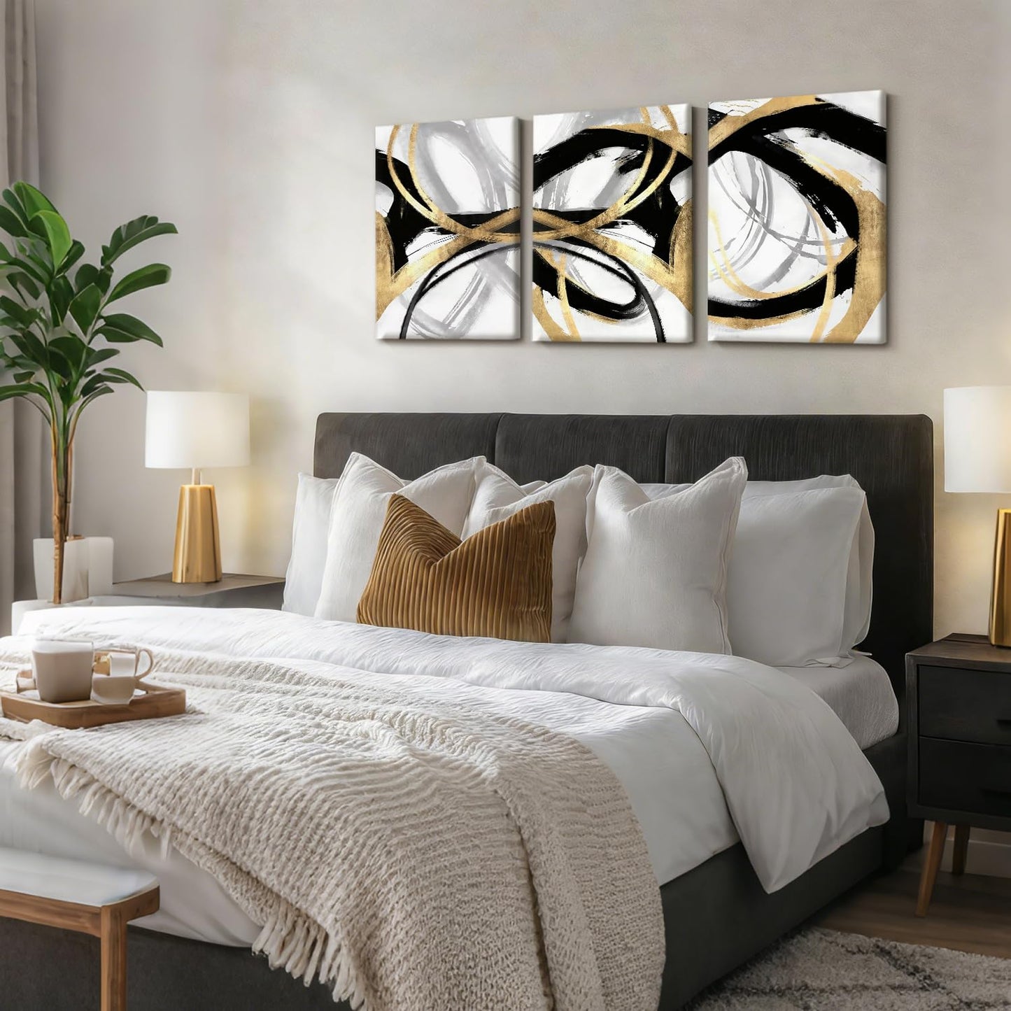 LYYGLYY 3Pcs Framed Black and Gold Canvas Wall Art for Living Room, Abstract Black and Gold Poster Print Wall Decor, Modern Minimalist Line Artwork for Office, Home, 12x16 Inches