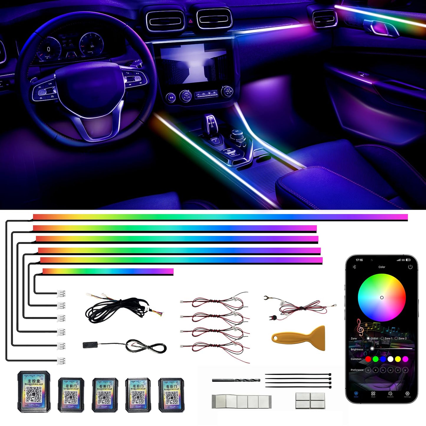 Acrylic Interior Car LED Strip Lights,dreamcolor 6-in-1 Car Ambient Lighting Kit, with APP Control, 622 LED Fiber Optic Strip Lights for Cars,Supports Neon Sync with Music DIY Mode.