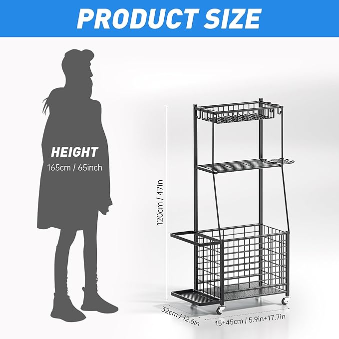 ZHOOGE Sports Equipment Organizer Garage Storage Organization, Garage Organizer Ball Storage Rack Rolling Cart with Basket and Hooks for Toy/Sports Gear Storage Indoor/Outdoor Use, Black