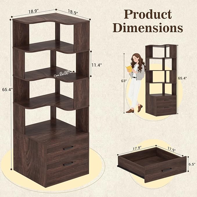Armocity Corner Bookshelf with Drawers, 7 Tier Corner Book Shelf Display Bookcase, Freestanding L Shaped Bookshelf for Bedroom, Home Office, Black Walnut