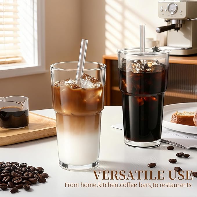 Iced Coffee Cups with Lids: Coffee Bar Accessories - Tumbler Leak Proof for To Go Iced Coffee Cups with Lids 4 Pack - 20 oz Glass Cups with Lids and Straws - Thickened Glass Tumbler with Straw and Lid