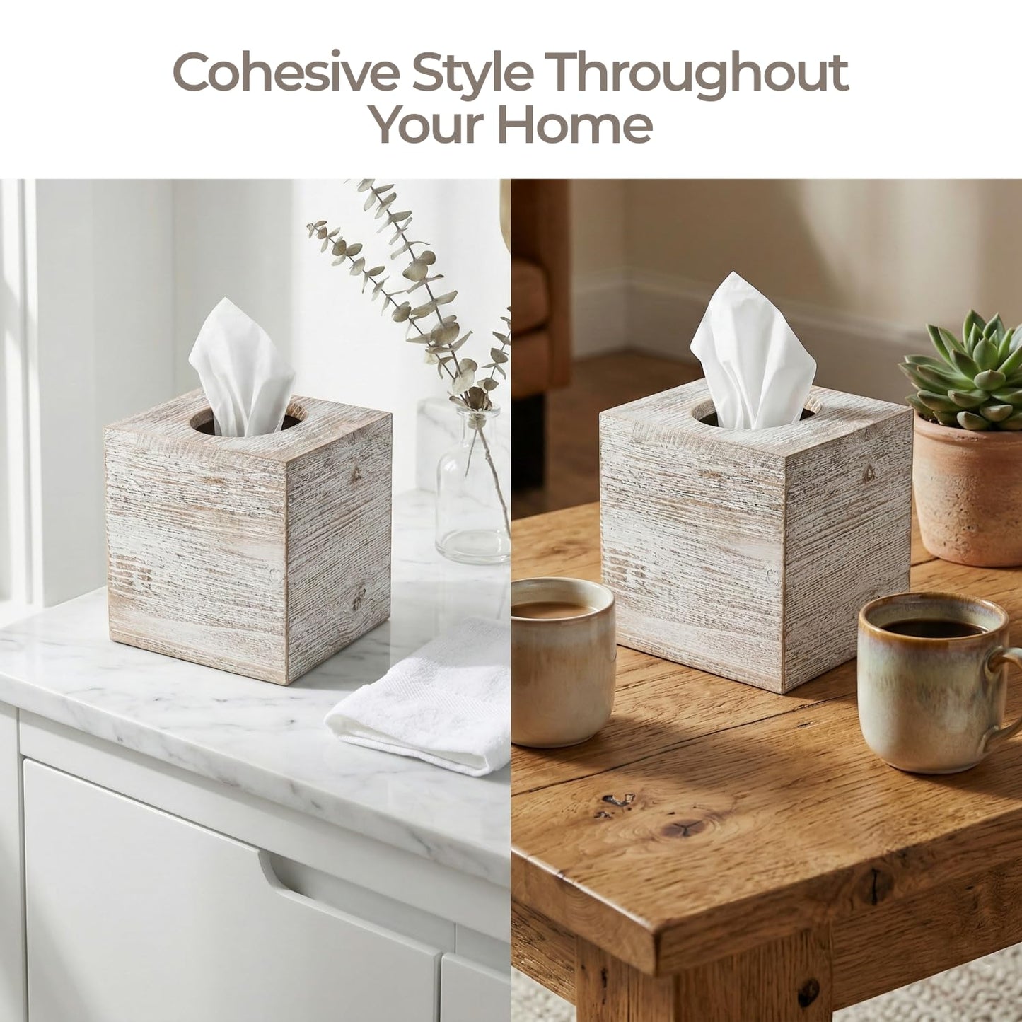 White Barnwood Tissue Box Cover: 2 Pack Tissue Box Holder Includes Slide-Out Bottom Panel, Stylish Tissue Box Cover Square Perfect for Farmhouse Bathroom Decor
