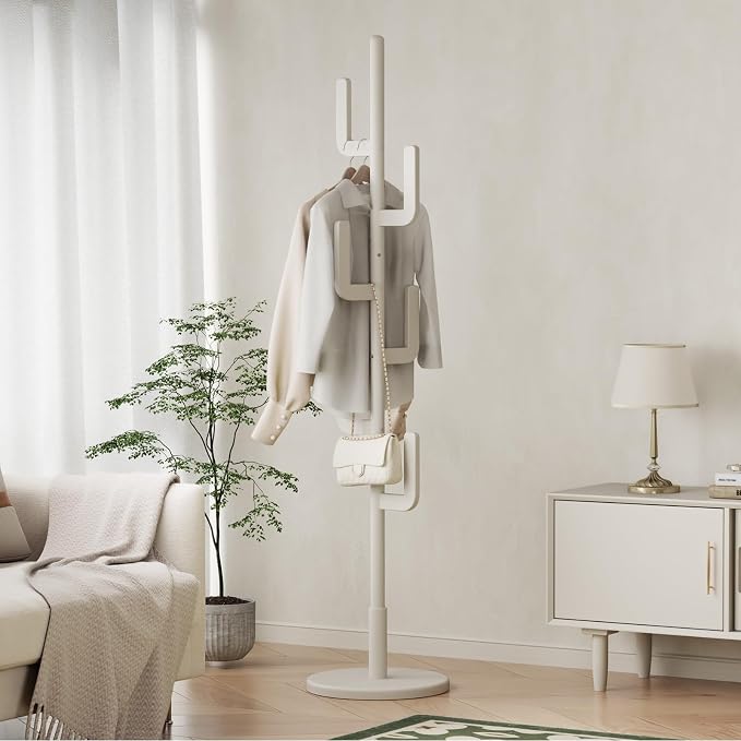 Muwuele Solid Wood Cactus Coat Rack, Freestanding Coat Rack With 6 L-Shaped Hooks and 3 Adjustable Sizes, Coat Tree for Bedroom, Entryway, Livingroom, Coat Hanger Stand for Coats, Handbags (White)