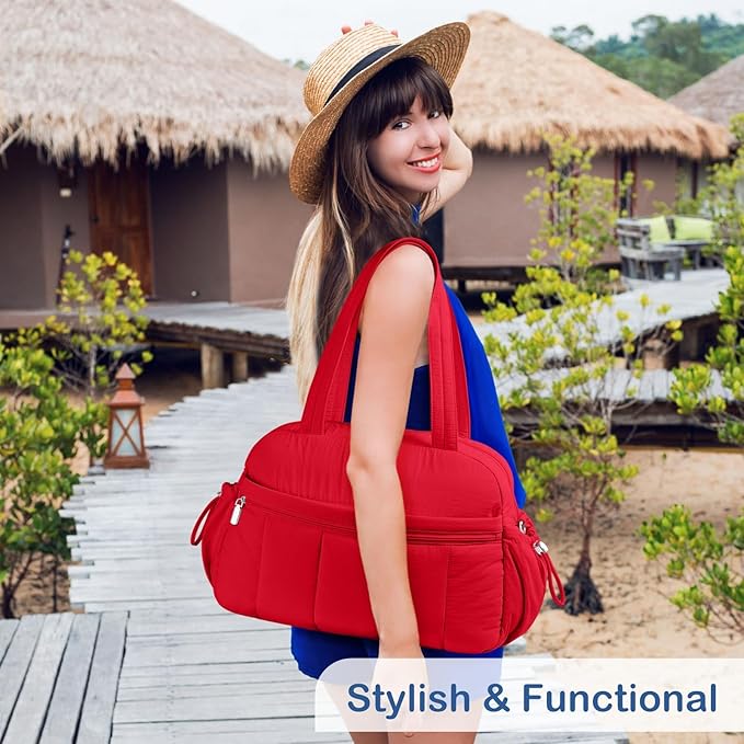 TOPDesign Travel Duffel Bag for Women, Puffer Gym Bag Sports Tote with Wet Pocket, Carry On Weekender with Luggage Sleeve (Red)