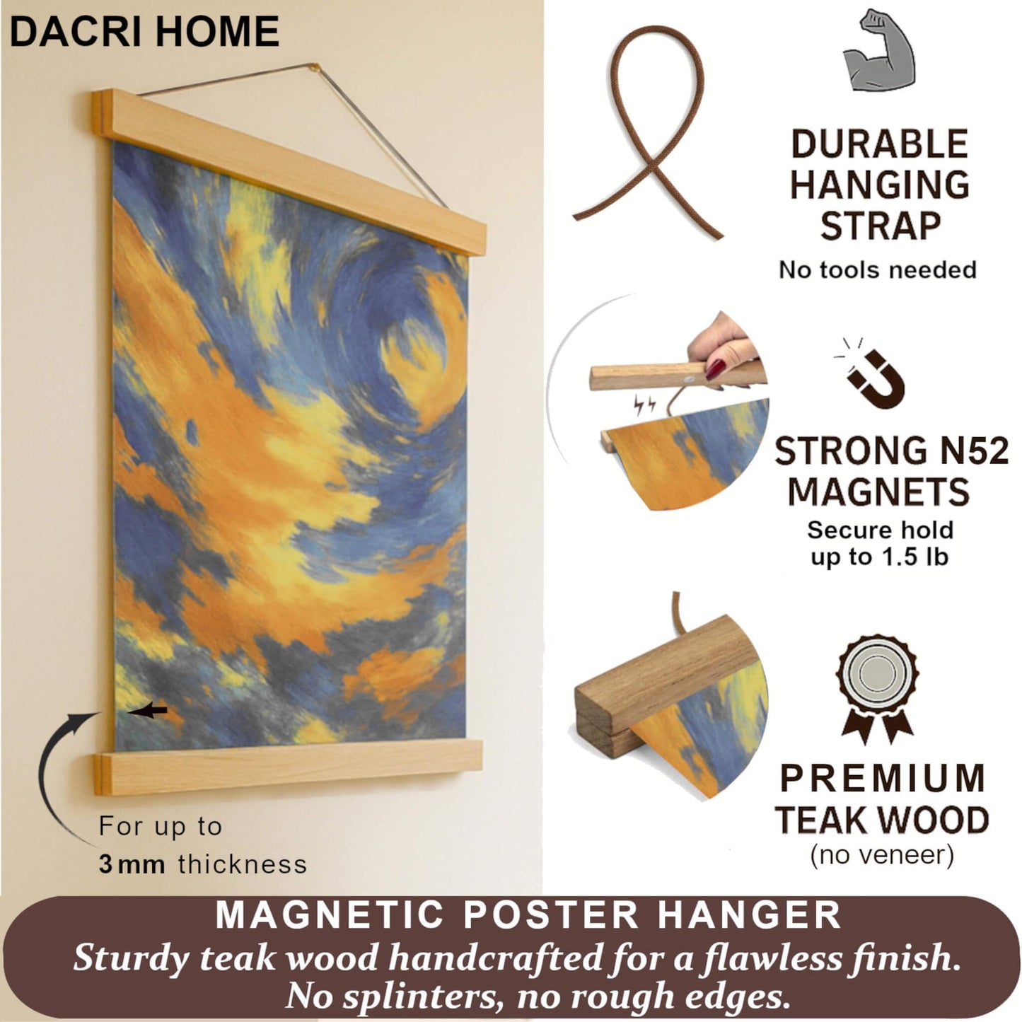 DACRI HOME Magnetic Poster Hanger Frame, Sturdy Magnetic Poster Frame 24x18 24x30 24x36 with Teak Wood, Strong Magnets for Hanging Prints, Maps, Pictures, Scroll Wall Art (24 Inch, Teak)