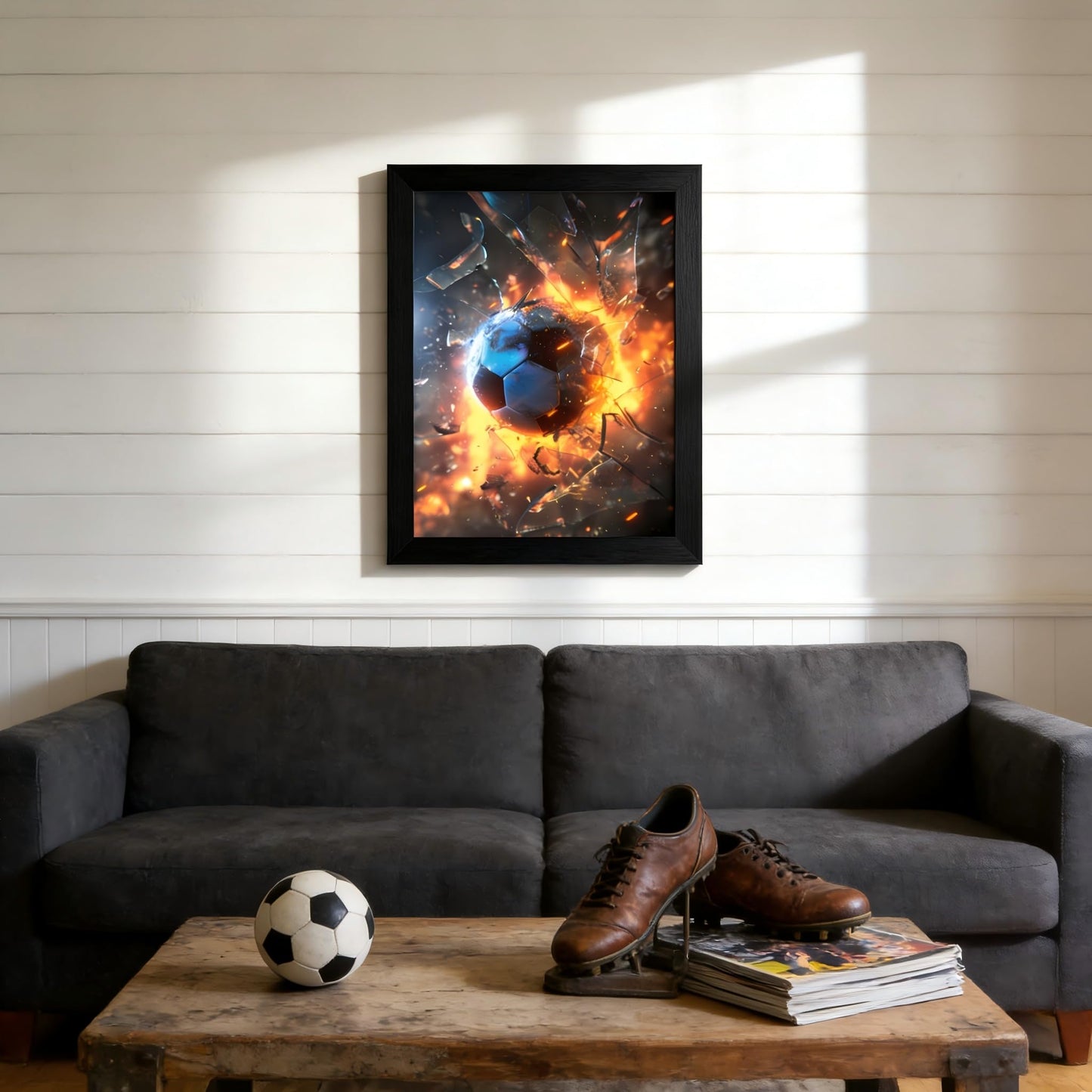 Framed Exploding Soccer Ball Wall Art, Fire and Ice Sports Wall Decor, Dynamic Soccer Poster Artwork, Minimalist Modern Football Canvas Prints for Boys Bedroom Bar