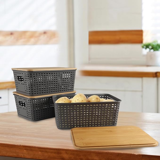 Onion and Potato Storage Bins Set,Potato and Onion Storage Bin for Pantry with Bamboo Lid&Handle,3 Pack Vegetable Storage for Onions,Potatos,Produce,Fruit,Bread,Snack Basket