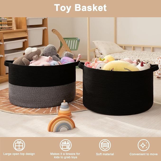 OIAHOMY 115L Extra Large Blanket Basket for Living Room, 23.6" x 15.4" Woven Cotton Rope Laundry Basket for Organizing Pillows, Decorative Stuffed Animal Toy Storage for Nursery, Black and Grey