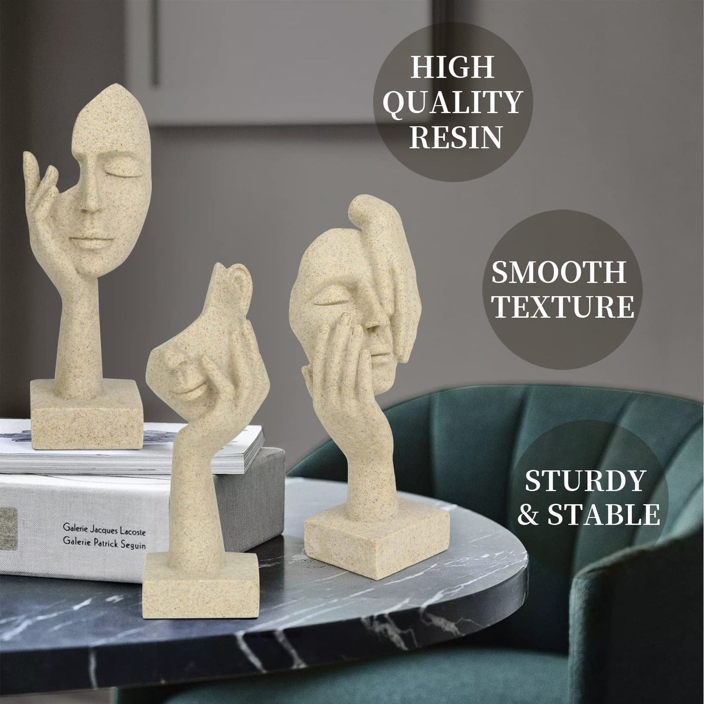 prosfalt 3 Pcs Thinker Statue,Modern Home Resin Sculptures,Collectible Figurines for Home Office Bookshelf Desktop Decor(Sandstone)