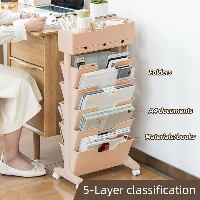 5 Tier Rolling Book Cart Multi-Functional Movable Storage Bookshelves with Lockable Wheels for Study Office Library Classroom, (Pink, with Wheel)