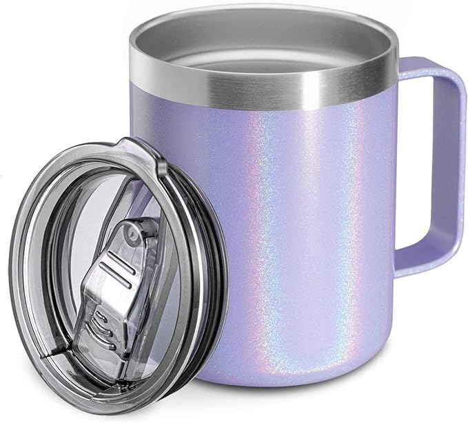 12oz Stainless Steel Insulated Coffee Mug with Handle, Double Wall Vacuum Travel Mug, Tumbler Cup with Sliding Lid, GLITTER LAVENDER