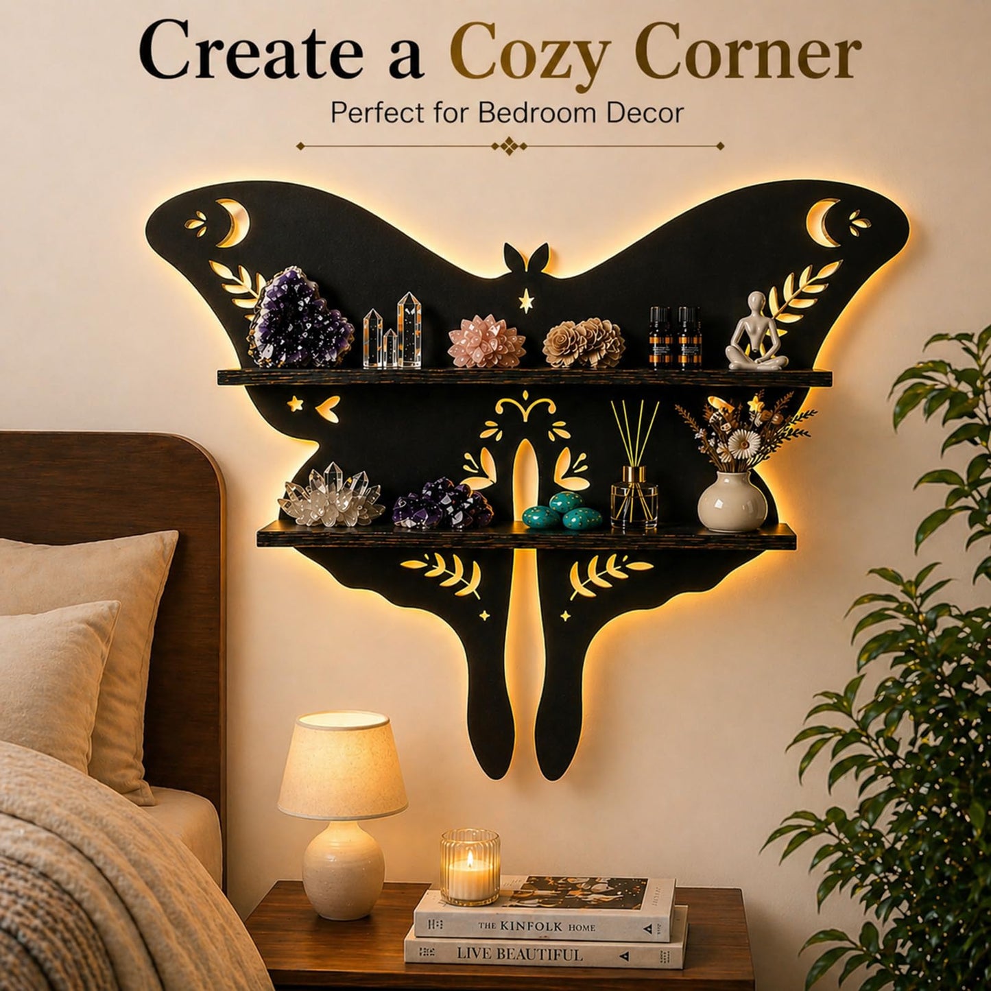 HBSGS Crystal Display Shelf Wall Gothic Shelves with LED Light, Luna Moth Theme, for Trinket, Crystal Rock, Gem, Healing Stone, Essential Oil (Moth-15.7 * 11.8inch/40 * 27.5cm)