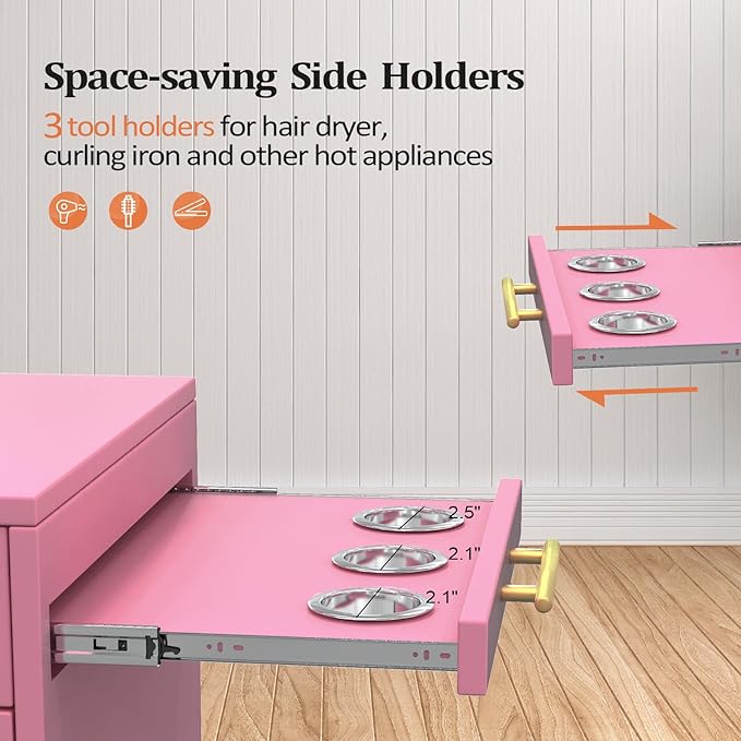 Salon Trolley Cart with Wheels, 3-Drawer Rolling Hair Styling Station, Mobile Beauty Trolley with Hot Tools Holder, Storage for Salon, Barbershop, Spa & Tattoo, Pink