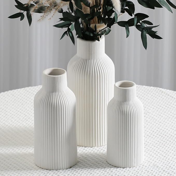 Bohemian White Ceramic Vase - for Pampas Grass, Mantel, Bookshelf, Entryway and Living Room Decor (White, Set of 3)