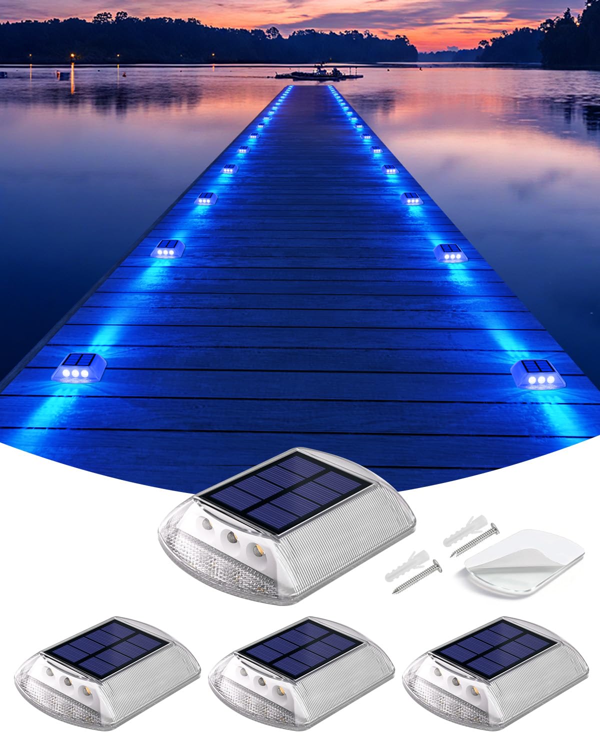 DetarZinLED Solar Driveway Lights Outdoor, 4 Pack IP68 Waterproof Dock Deck Lights Solar Powered, Stick on & Screw Blue Markers Light for Pathway, Walkway, Sidewalk, Patio, Pool Deck, Garage Entrance
