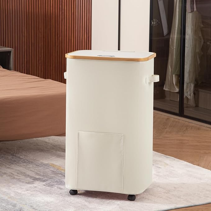 Vincona Laundry Basket with Wheels, Tall Dirty Clothes Hamper on Wheels, Rolling Laundry Hamper with lid for Dorm, Bedroom and Bathroom (Beige, 100L)