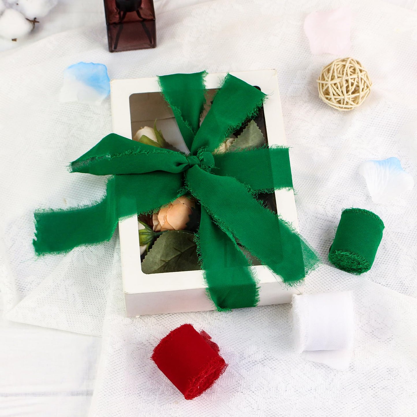 3 Rolls Christmas Chiffon Ribbon 1.5" X 7yd, Handmade Fringe Chiffon Silk Ribbon Red Green White Ribbons Set for Gifts Wrapping, Wedding Invitations, Bridal Bouquets, DIY Crafts, Christmas