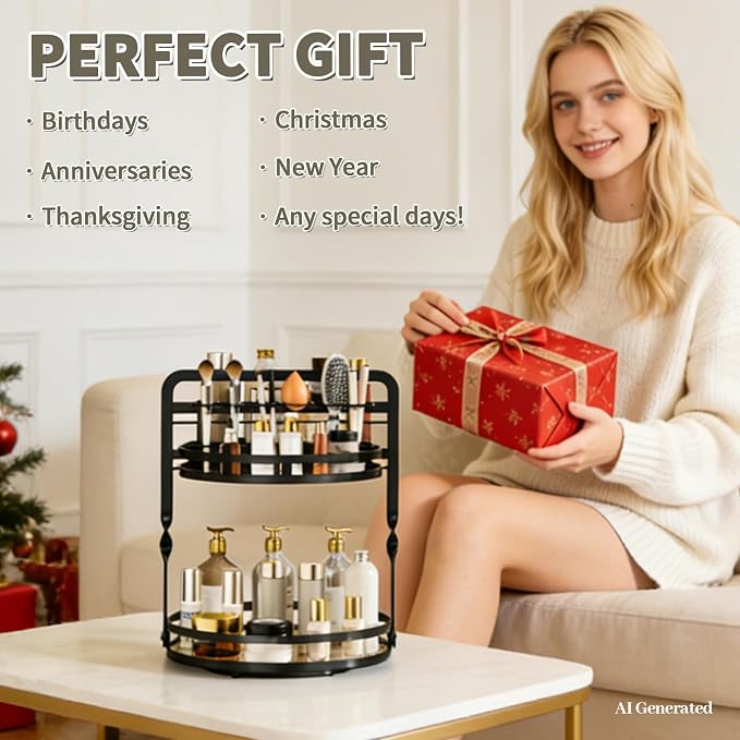 360° Rotating Makeup Organizer, 2-Tier Black Perfume Organizer for Dresser, Bathroom Organizers Countertop, Perfume Shelf with Makeup Brush Holder, Skincare Holder Cosmetic Display(Black)