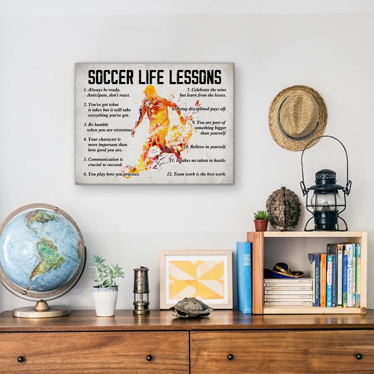 Hijie Soccer Poster Canvas Wall Art Home Decor, Soccer Life Lessons Inspirational Canvas Print Painting Ready to Hang, Soccer Gifts for Men - Easel & Hanging Hook 12x15 Inch
