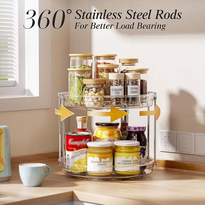 LAMU 4 Pack 10.6'' 2-Tier Lazy Susan Turntable Organizer Rotating Spice Rack Organization for Cabinet, Kitchen, Pantry, Countertop, Bathroom, Vanity, Makeup Organizer, Clear