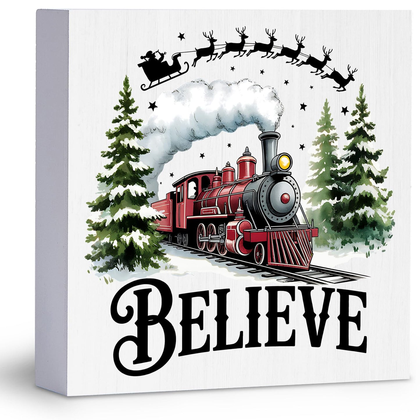 WIKERL Merry Christmas Wooden Box Sign Plaque, Santa Sleigh Decor Believe in Tree Wood Block Sign, Train Winter Holiday Decoration for Home Office Desk Table Shelf Wall