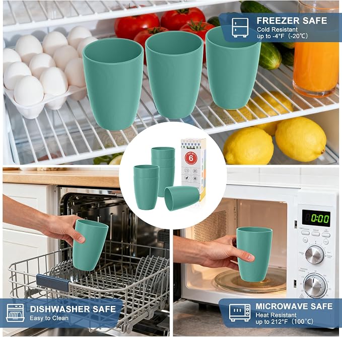 Reusable Wheat Straw Cups 6 PCS, Unbreakable 16 OZ Plastic Cup Alternative, Dishwasher Safe Drinking Glasses for Indoor & Outdoor Use, Green