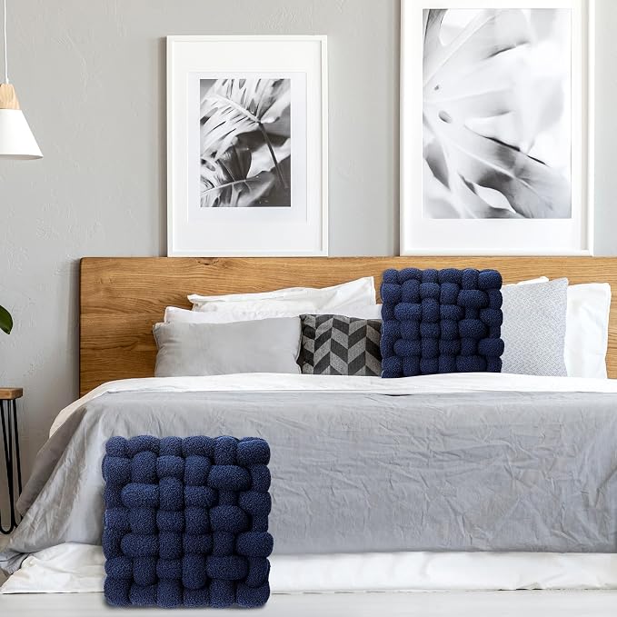 Wenqik 2 Pcs Knot Pillows Square Knotted Plush Throws Soft Accent Pillows Decoration Cushion for Couch Home Office Living Room Bedroom Bed Sofa Decor, 12'' x 13''(Navy Blue,Lambswool)