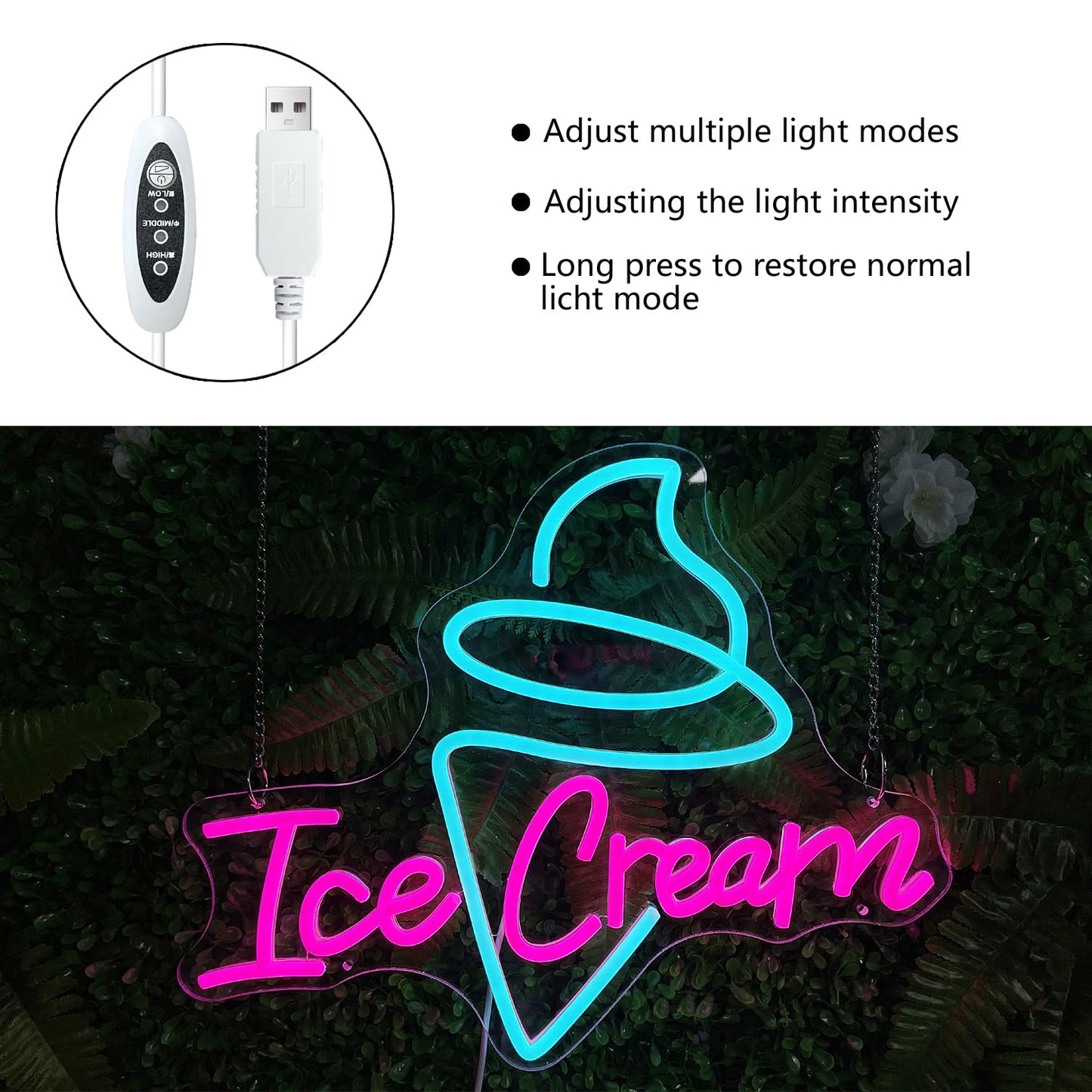 Ice Cream Neon Sign - Dimmable USB Ice Cream Letter Neon Light Up Signs for Business Store Cafe Drink Shop Office Bedroom Restaurant Decor Adjust Brightness