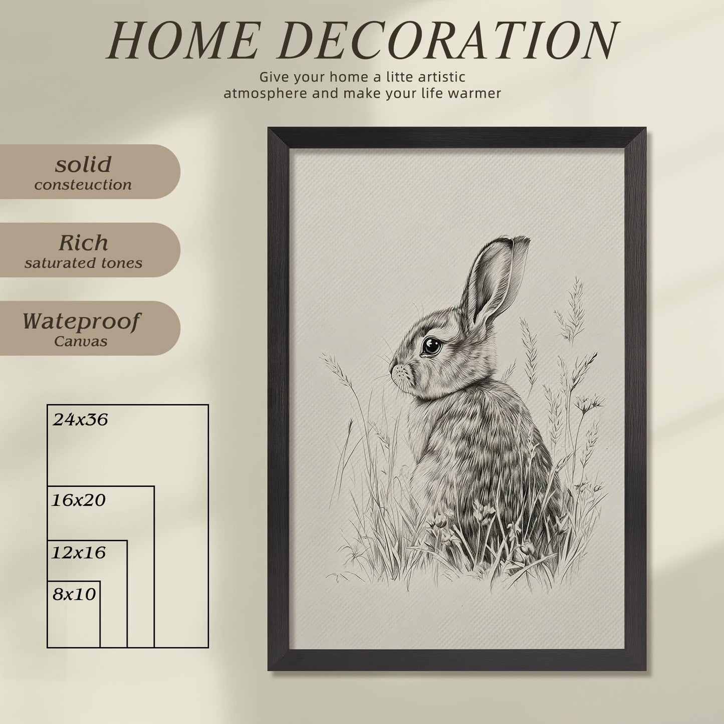 Wild Rabbit Wall Art, 8X10 Inch Black Framed Nature Wildlife Art Poster, Black And White Animal Canvas Print, Farmhouse Wall Decor For Living Room Bedroom Office Ready To Hang