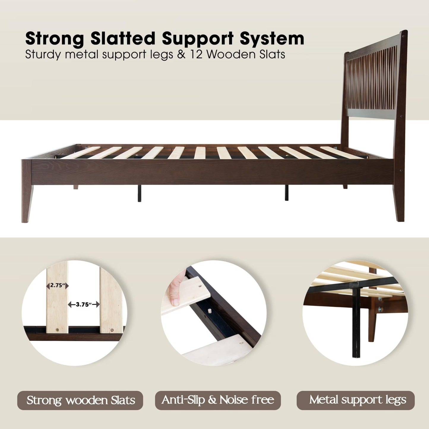 King Size Solid Wood Platform Bed Frame with Headboard & Footboard, 12 Sturdy Slats, Centre Metal Legs, Under-Bed Storage, Anti-Noise & Slip-Free, Easy Assembly, Dark Roast Oak Finish OLK-32