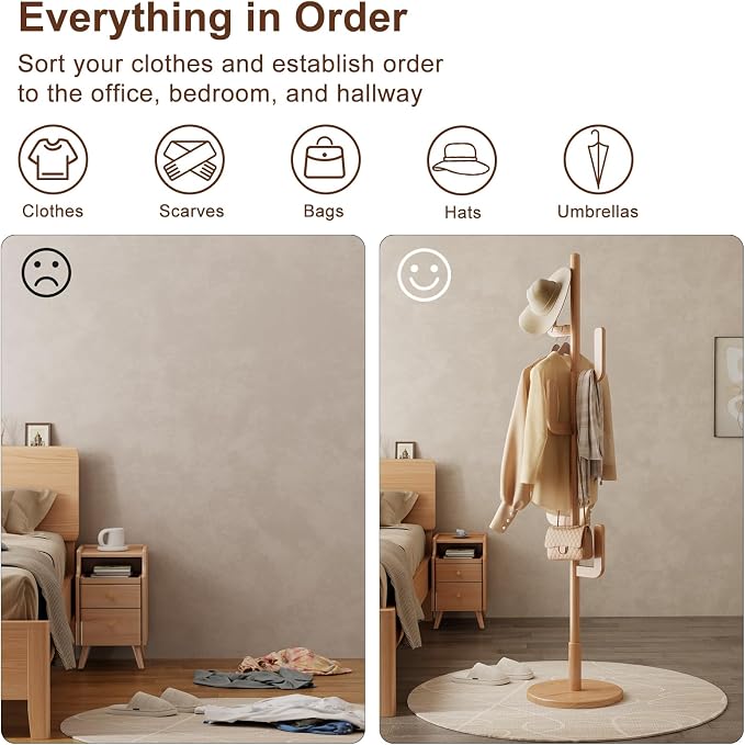 Muwuele Solid Wood Cactus Coat Rack, Freestanding Coat Rack With 6 L-Shaped Hooks and 3 Adjustable Sizes, Coat Tree for Bedroom, Entryway, Livingroom, Coat Hanger Stand for Coats, Handbags (Natural)