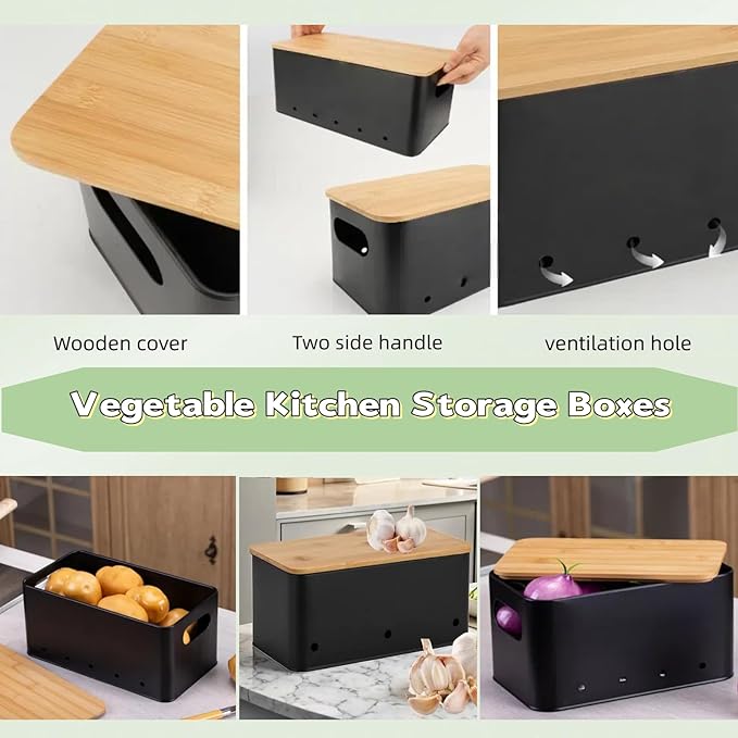Modern kitchen storage container, stacked metal storage box, 3-piece set with wooden lid design, onion, garlic, potato metal cans, breathable storage box (Black)