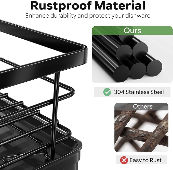 Simple Trending Dish Drying Rack, Stainless Steel Dish Rack for Kitchen Counter, Space-Saving Dish Drainer with Utensil Holder and Drainboard, 12''W x 17''L, Black