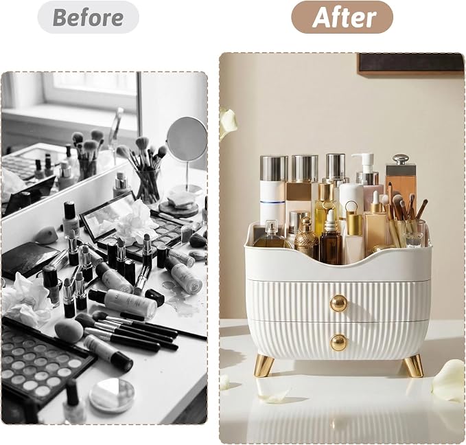 Makeup Organizer Countertop, Large Capacity Skincare Cosmetic Organizer for Vanity with 2 Drawers, Cosmetic Display Cases Makeup Storage Box for Bedroom, Bathroom, Ideal Gifts for Women(White)