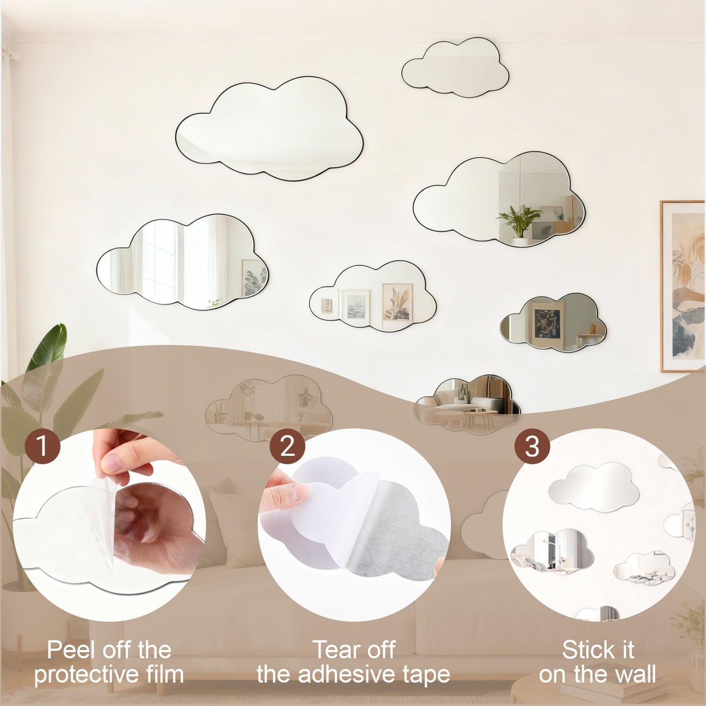8 Pcs 3D Acrylic Cloud Mirror Wall Stickers Decorative Self Adhesive Cloud Mirror Decals for Classroom Kids Bedroom Playroom Living Room Nursery Wall Decor