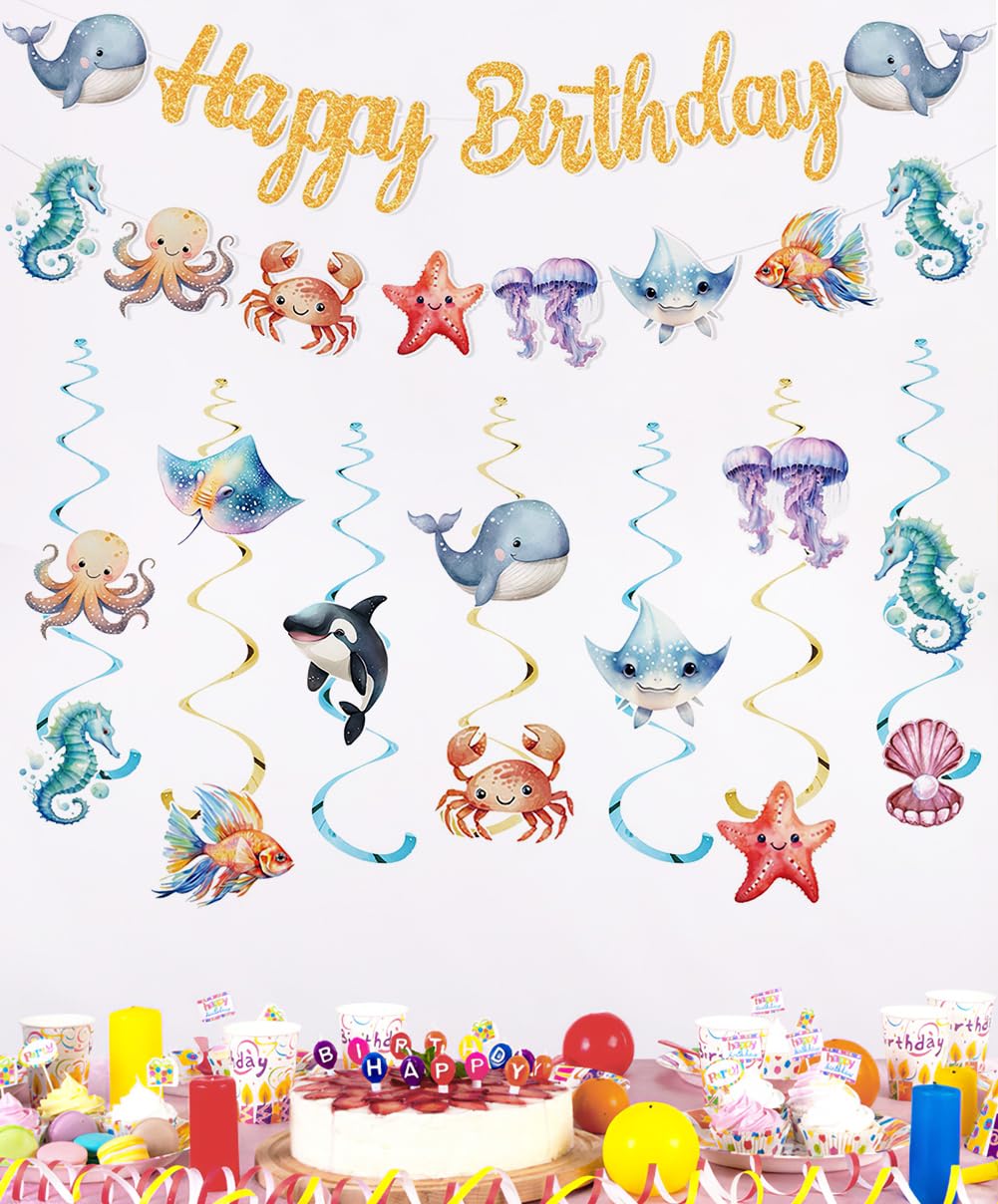 Sea Animals Hanging Swirl Ceiling Streamers Decorations, Under Sea Happy Birthday Banner Sign Party Decoration for Kids Baby Shower Ocean Sea Party Supplies Room Decor