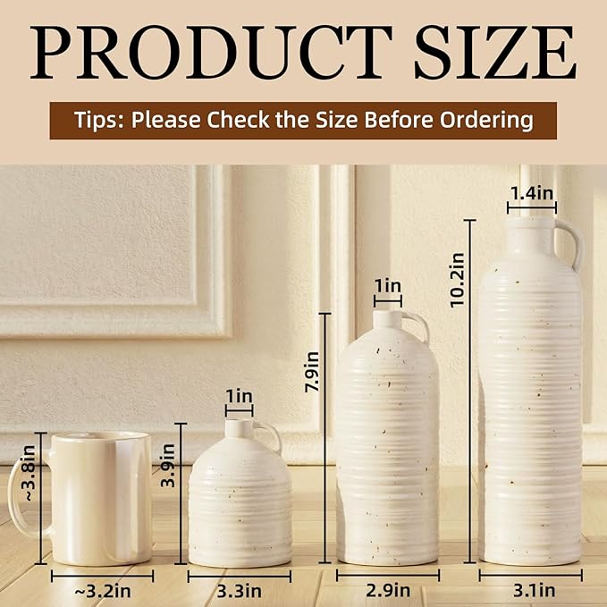 Firehold Ceramic Vase Set of 3, Rustic Farmhouse Boho Vases, Textured Country Home Decor, Small Decorative Vases for Shelves Mantel Table, Gift Set for Dried Pampas Grass & Fresh Flowers (White)
