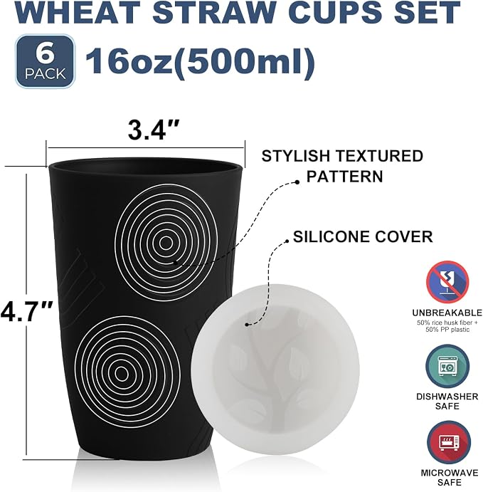 Wrova Wheat Straw Cups 16oz Set of 8 with Silicone Covers - Alternative Plastic Cups Reusable- Microwave & Dishwasher Safe - Unbreakable Plastic Drinking Cups for Camping - Black