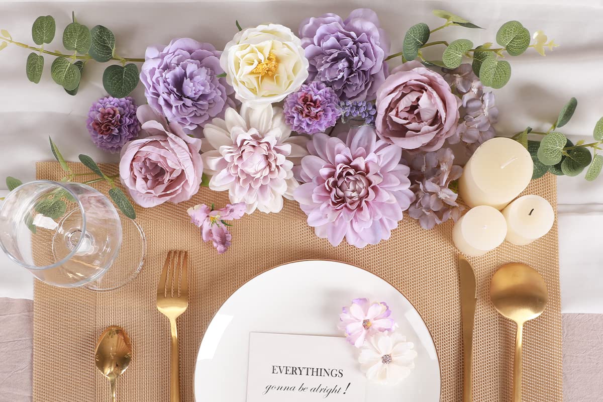 Floweroyal Artificial Flowers Combo Purple Flowers Mix Silk Flowers Dahlia Roses with Stems for DIY Wedding Bridal Bouquets, Baby Shower, Floral Arrangement, Table Centerpieces, Home Decorations.