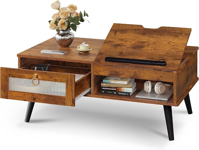 WLIVE Coffee Table, Lift Top Coffee Table with Storage Shelf, Drawer, Height Adjustable and Tilting Tabletop for Living Room, Mid Century Modern, Wood, Rustic Brown