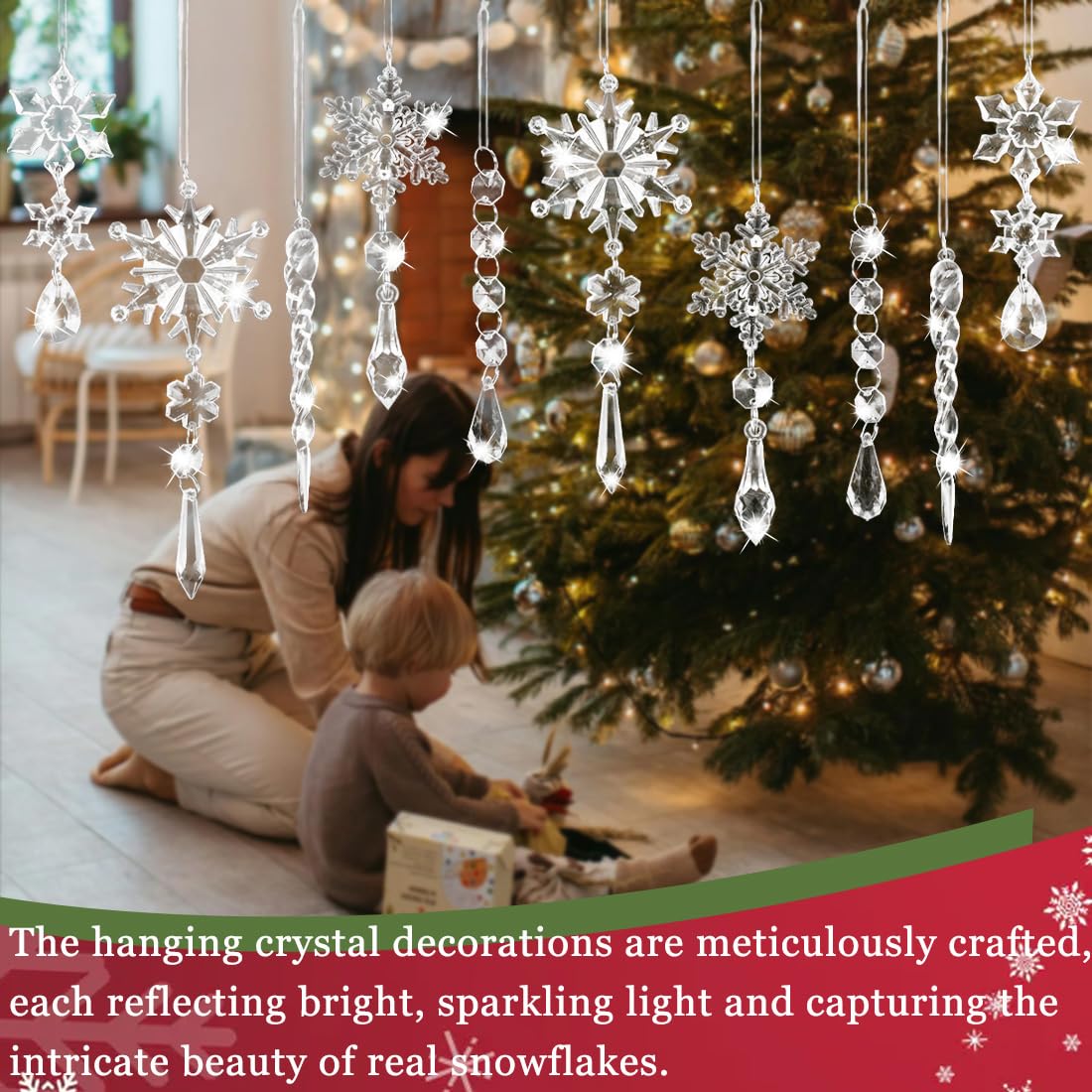 10PCS Crystal Ornaments for Christmas Tree, Hanging Christmas Acrylic Snowflake Icicle Ornaments with Drop Pendants, Crystal Snowflake Ornament for Xmas Party Winter Wonderland New Years