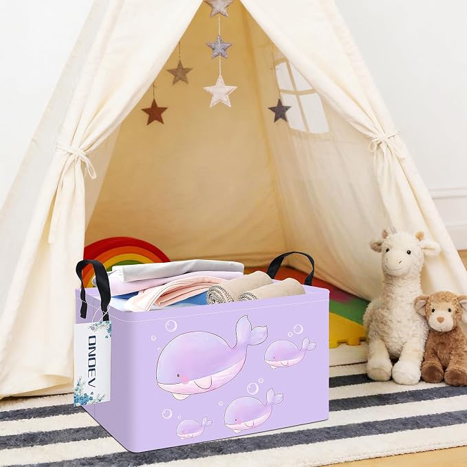 Rectangular Purple Whale Pattern Storage Bin, Decorative Canvas Laundry Basket with Dual Handles, Foldable Household Toy Organizer, Multipurpose Party Gift Basket for Bedroom Dorm