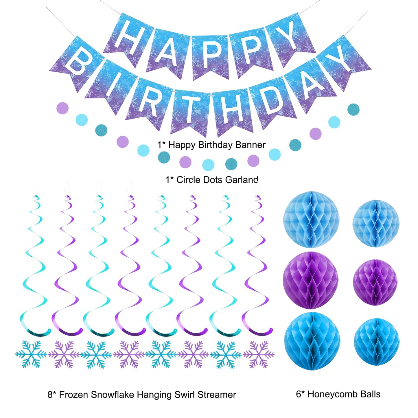 meowtastic Frozen Birthday Party Decorations - Happy Birthday Banner with Honeycomb Balls, Snowflake Hanging Swirls Streamers, Circle Dots Garland Decorations - Party Decor for Boys Girls (Frozen)