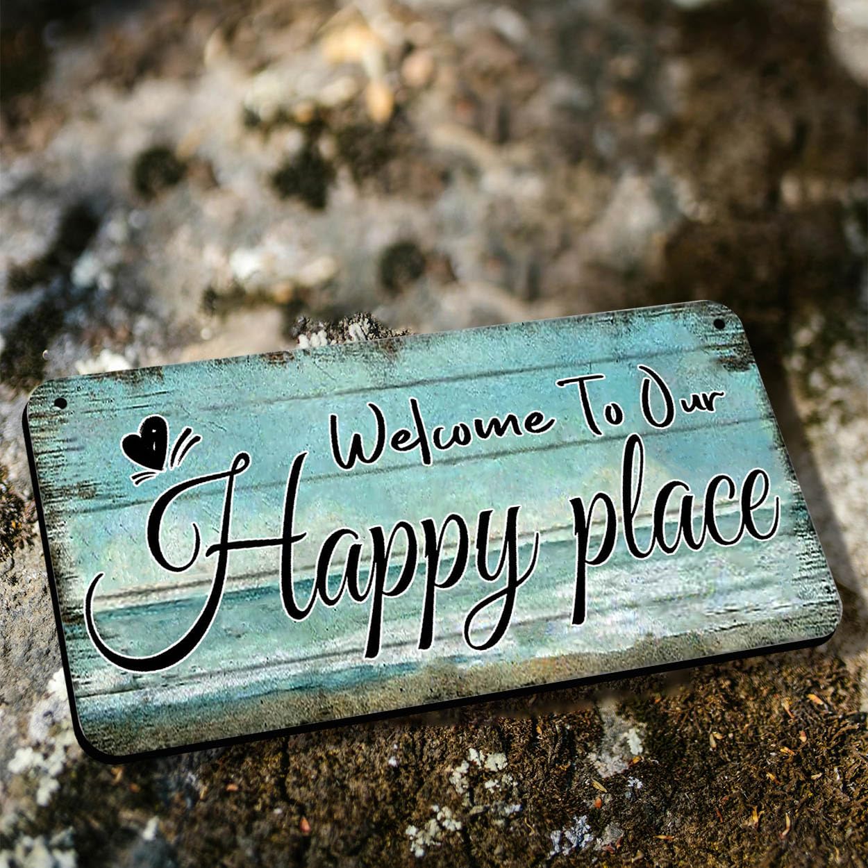 Welcome To Our Happy Place Sign Personalized Front Door Signs For Home Decor Wooden Hanging Sign Beach Signs Patio Wall Decor Summer Wood Porch Sign House Welcome Door Sign 6x12 Inch