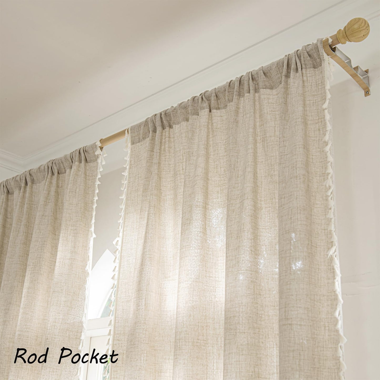 Setaback Boho Curtains for Bedroom Living Room 84 Inch 2 Panels with Tassels, Soft Linen Texture Semi Blackout Sheer Privacy Curtains Window Drapes Rod Pocket, 52" x 84", Natural, 2 Panels