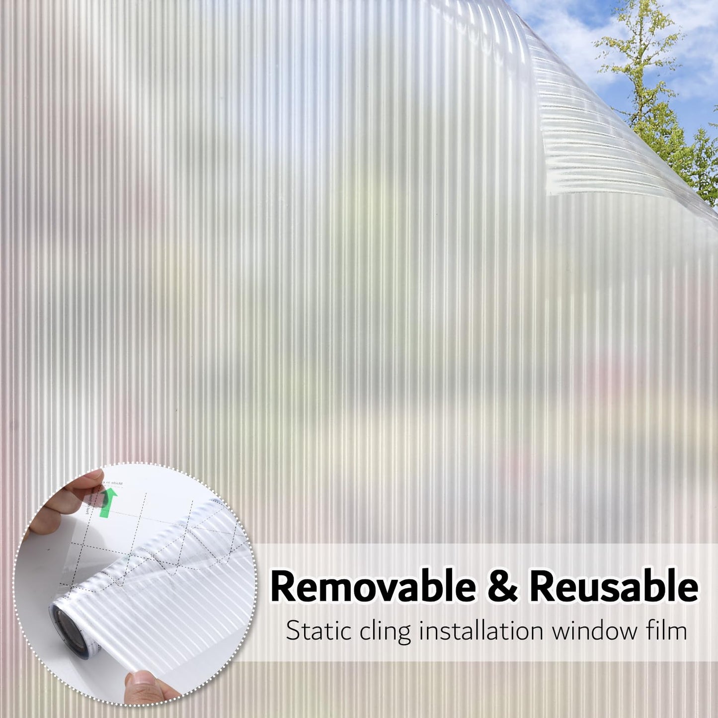 VELIMAX Reeded Glass Window Film, Window Privacy Film, Frosted Window Vinyl, 3D Decorative Decals Non Adhesive for Bathroom Living Room 23.6x78.7 inches