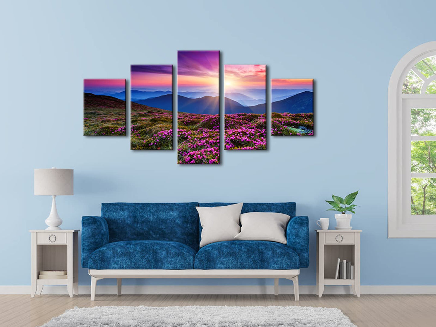 Wieco Art 5 Piece Giclee Canvas Prints Wall Art Large Modern Gallery Wrapped Mountains in Sunrise Artwork Purple Landscape Pictures Paintings Ready to Hang for Bedroom Dining Room Decorations L