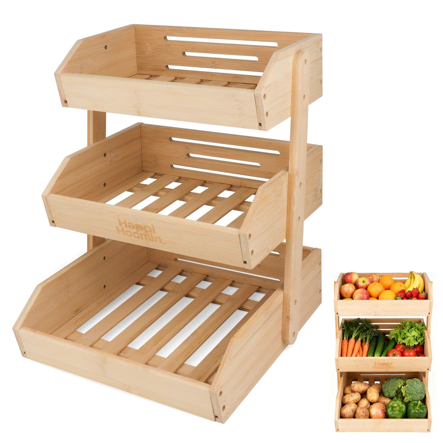 Happi Hoomin 3 Tier Fruit Basket for Kitchen Counter, Bamboo Fruit and Vegetable Storage Rack, Kitchen Organizer and Storage, Vegetable Baskets for Kitchen, Fruit Organizer, Frutero para Cocina